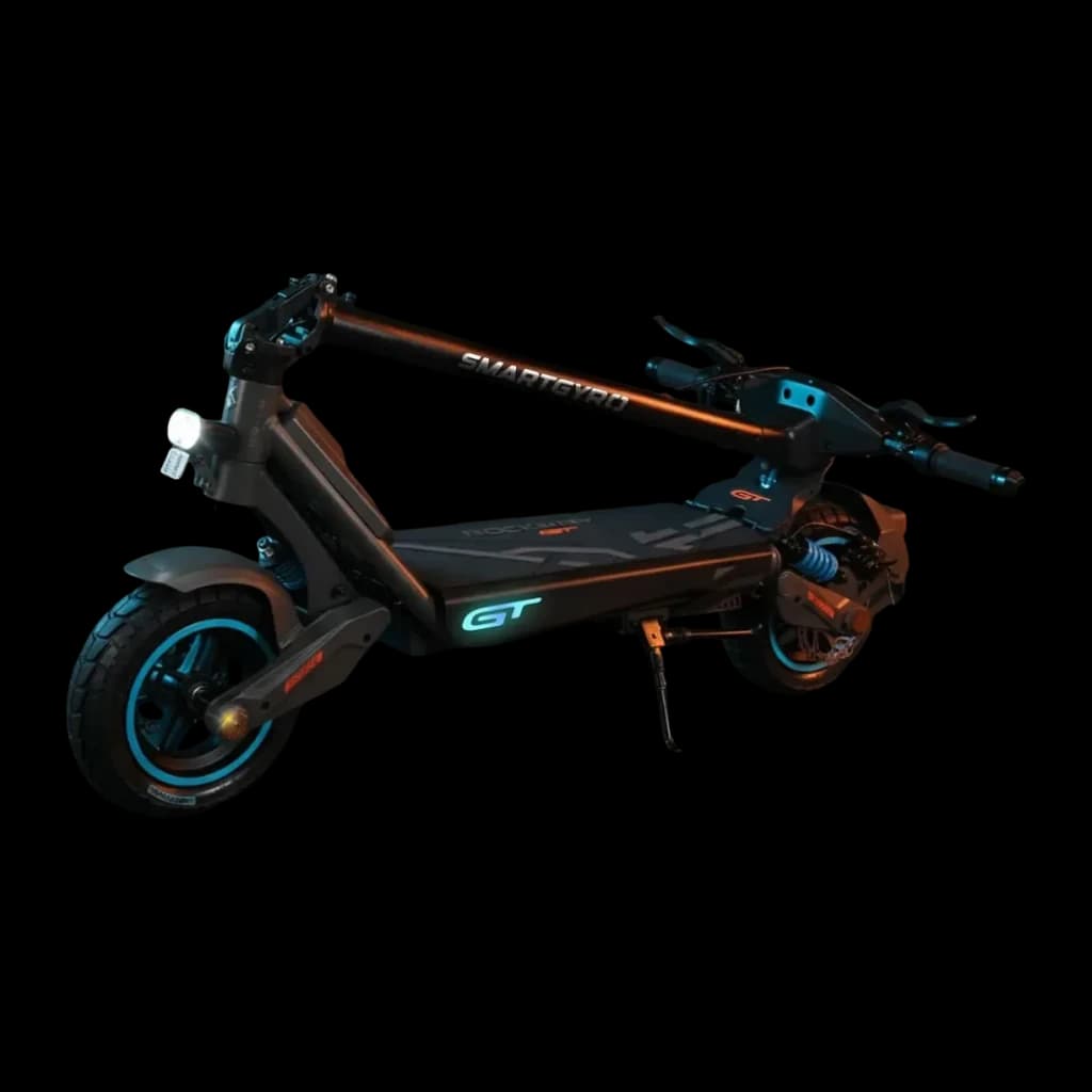 Patinete eléctrico smartGyro Rockway GT 800W 60km 25km/h 10 pulgadas Negro, detalle lateral: luces LED turquesa, logo GT
