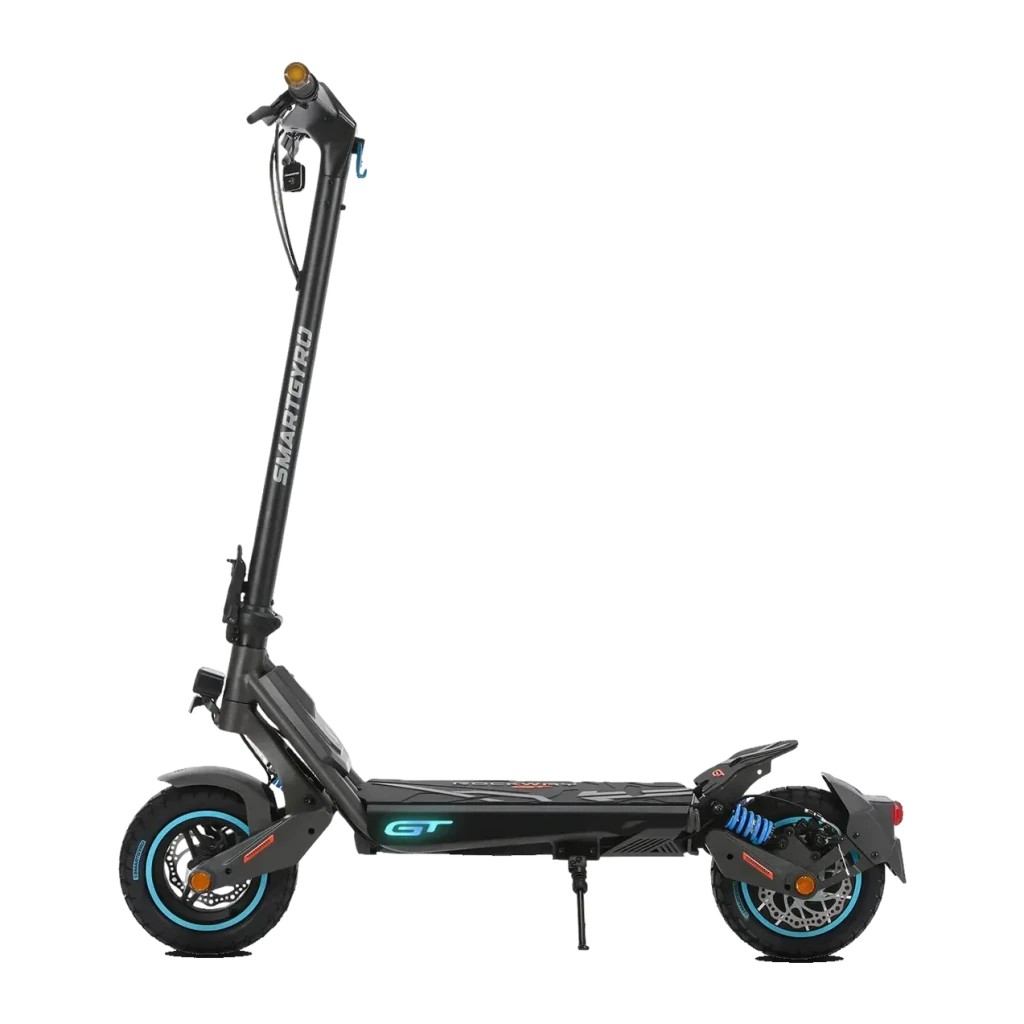 Patinete eléctrico smartGyro Rockway GT 800W 60km 25km/h 10 pulgadas Negro, detalle lateral: logo GT, suspensión trasera