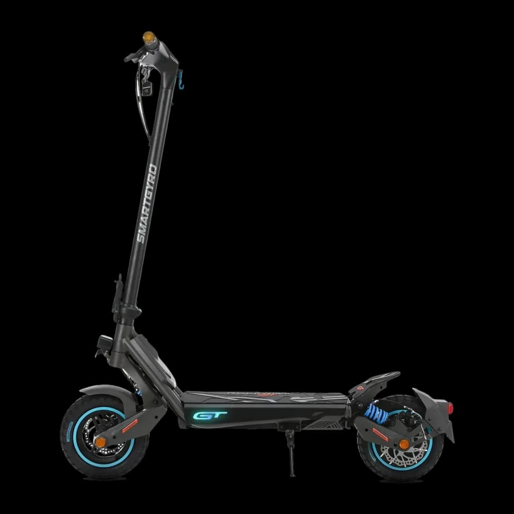 Patinete eléctrico smartGyro Rockway GT 800W 60km 25km/h 10 pulgadas Negro, detalle lateral: logo GT, suspensión trasera