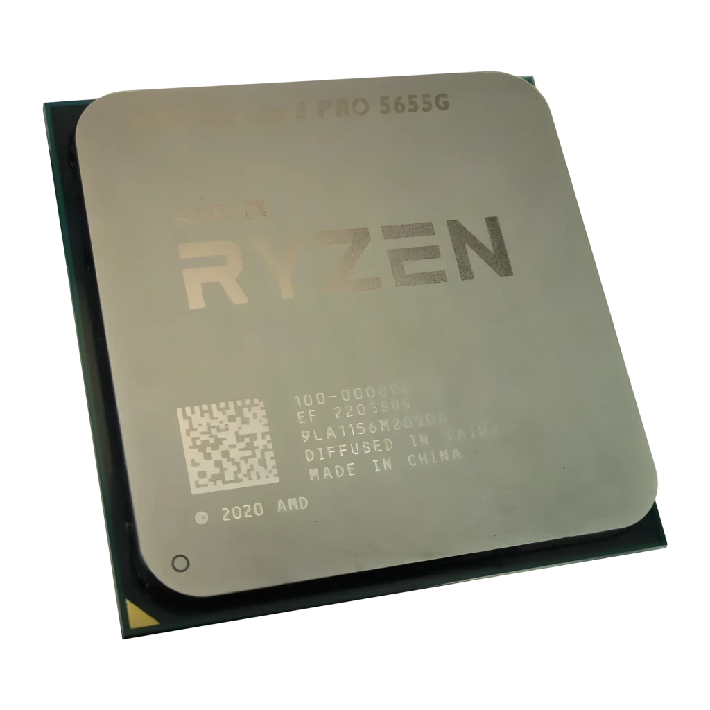 AMD Ryzen 5 PRO 5655G Tray 6 Cœurs AM4, détail: IHS métallique avec logo RYZEN gravé et code QR visible