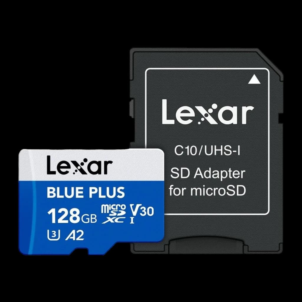 Carte microSD Lexar microSDXC UHS-I 128 Go V30 U3 A2 170 Mo/s Bleu, vue de face: carte bleue et blanche avec adaptateur SD