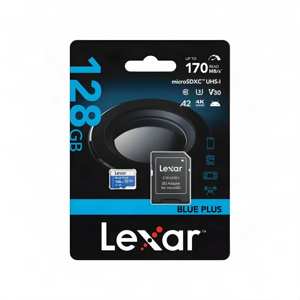 Carte microSD Lexar microSDXC UHS-I 128 Go V30 U3 A2 170 Mo/s Bleu, contenu de la boîte: emballage recto avec carte microSD