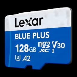 Carte microSD Lexar microSDXC UHS-I 128 Go V30 U3 A2 170 Mo/s Bleu, détail: vue en angle montrant l'étiquette Blue Plus