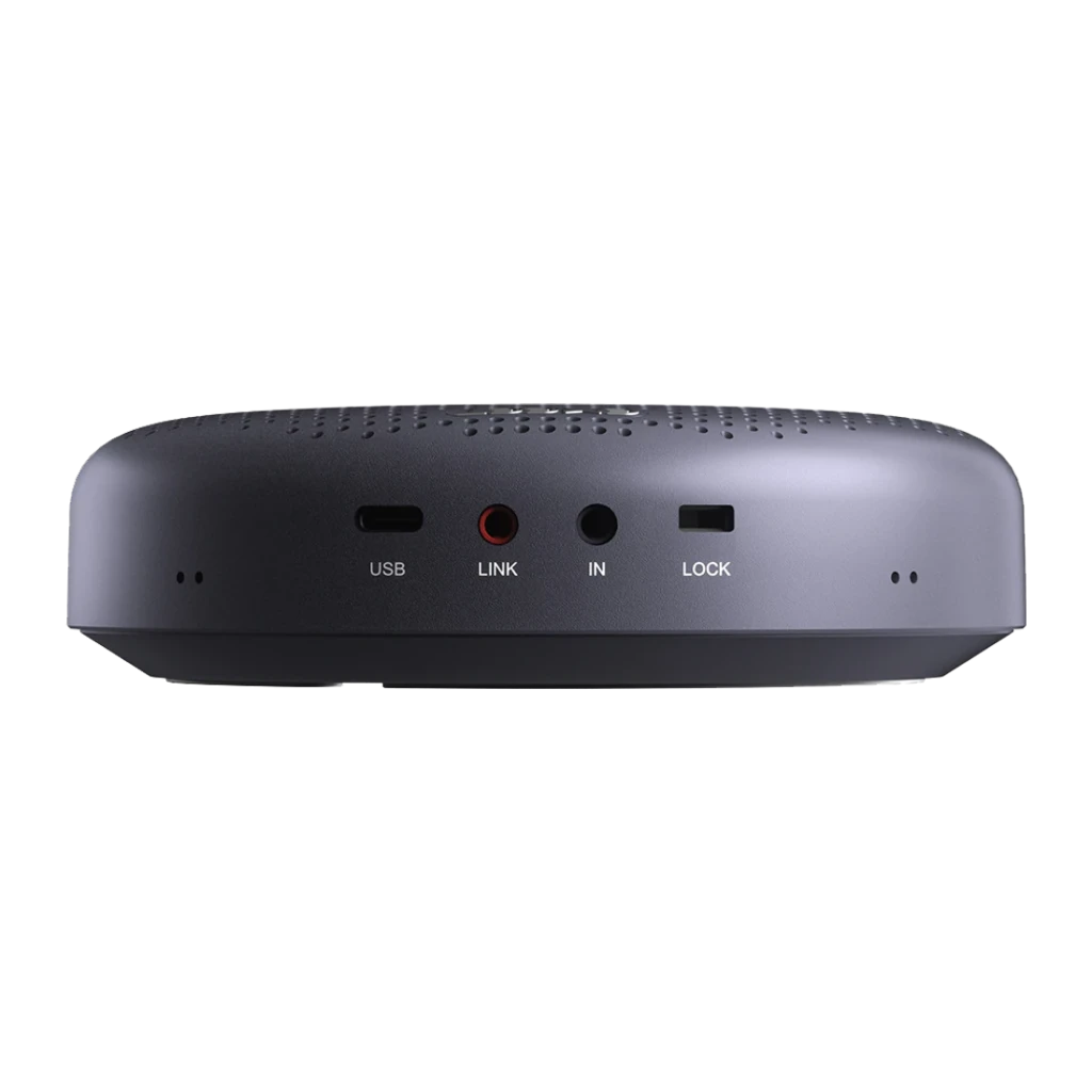 Conférencier eMeet Luna Plus 10h Bluetooth 5.3 / USB-C Gris, détail latéral: ports USB, LINK, IN et LOCK visibles