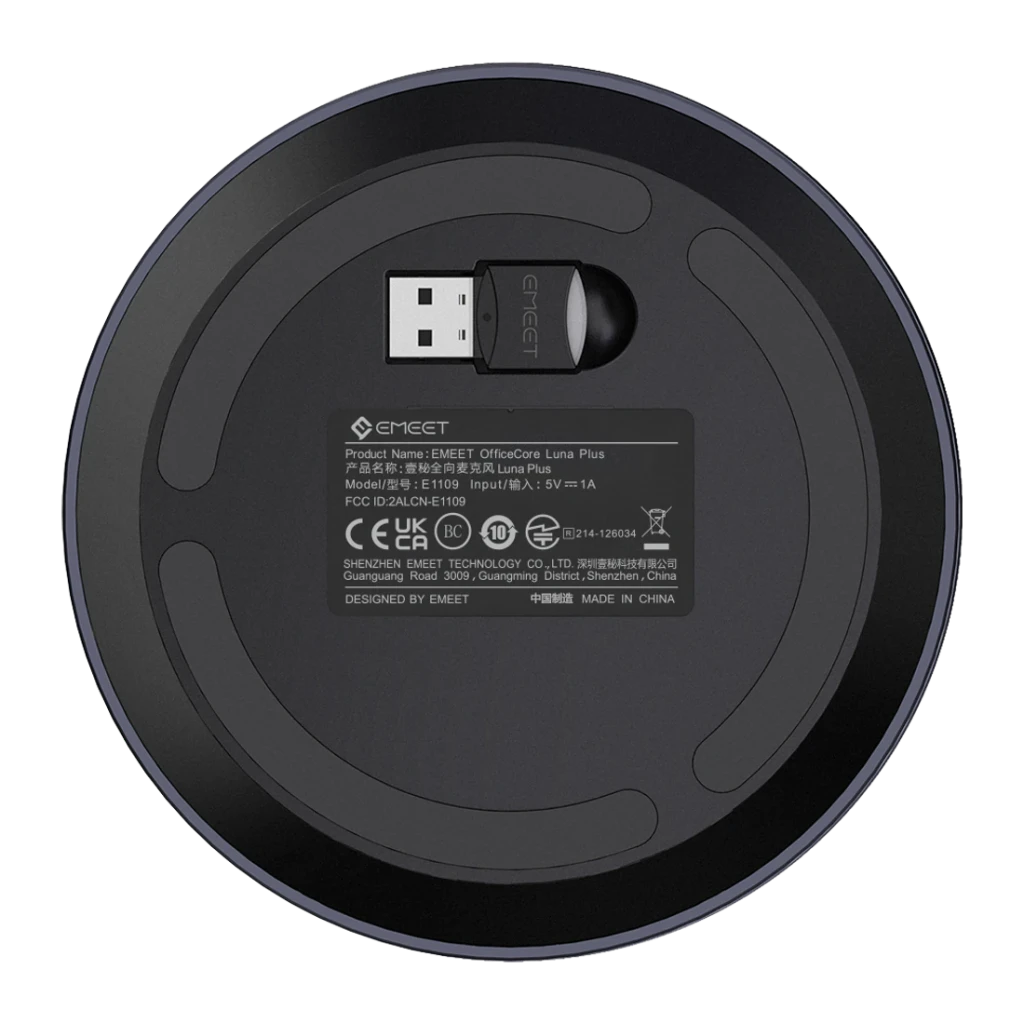 Conférencier eMeet Luna Plus 10h Bluetooth 5.3 / USB-C Gris, vue arrière: base circulaire avec dongle USB et étiquette