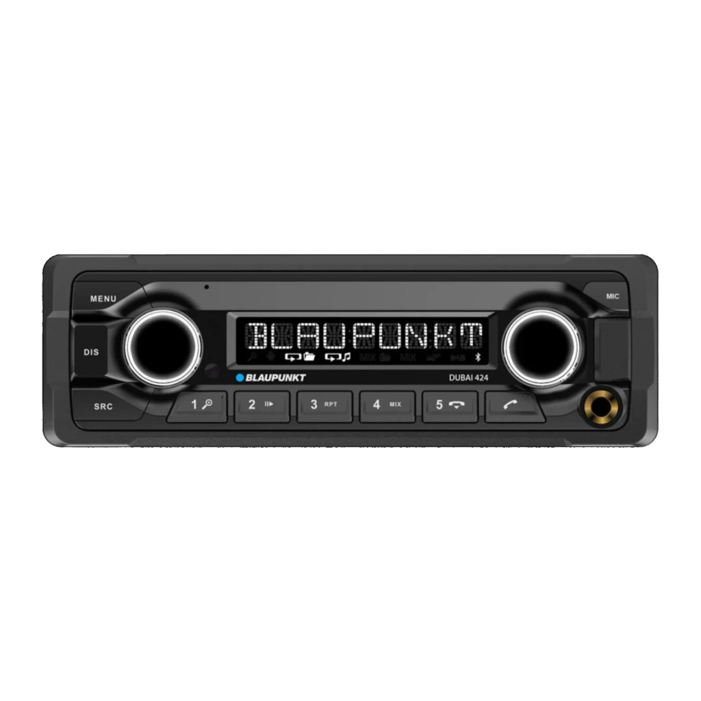 Autorradio Blaupunkt Dubai 424 Heavy Duty 24V 1DIN Bluetooth, vista frontal: pantalla LED, dos mandos giratorios y botones