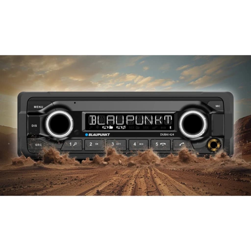 Autorradio Blaupunkt Dubai 424 Heavy Duty 24V 1DIN Bluetooth, en uso: frontal con display LED, dos mandos y fondo de pista