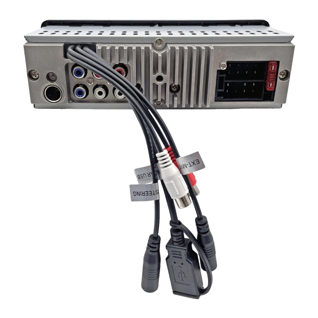 Autorradio Blaupunkt Dubai 424 Heavy Duty 24V 1DIN Bluetooth, vista trasera: conectores RCA, ISO y cables USB etiquetados