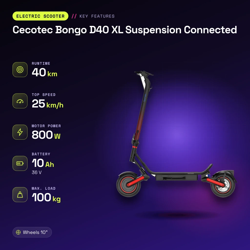 Patinete eléctrico Cecotec Bongo D40 XL Suspension Connected 800W 40km 25km/h 10 pulgadas Negro - características
