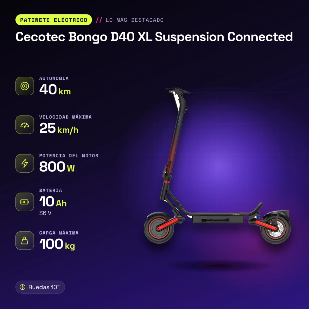 Patinete eléctrico Cecotec Bongo D40 XL Suspension Connected 800W 40km 25km/h 10 pulgadas Negro - características