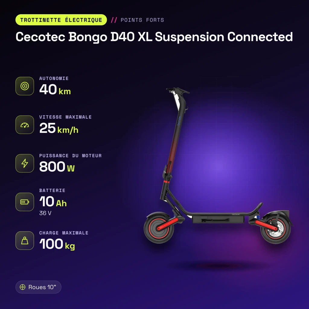 Patinete eléctrico Cecotec Bongo D40 XL Suspension Connected 800W 40km 25km/h 10 pulgadas Negro - características