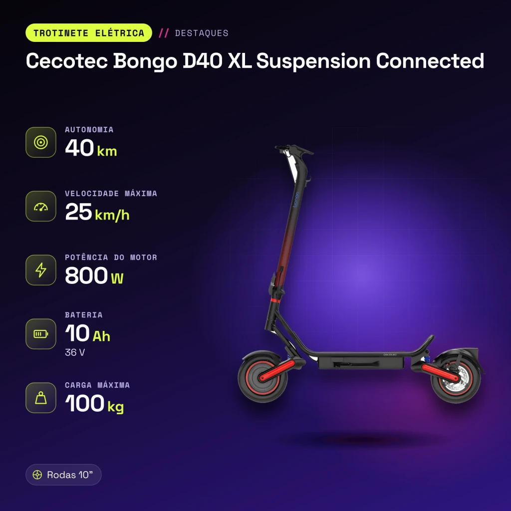 Patinete eléctrico Cecotec Bongo D40 XL Suspension Connected 800W 40km 25km/h 10 pulgadas Negro - características
