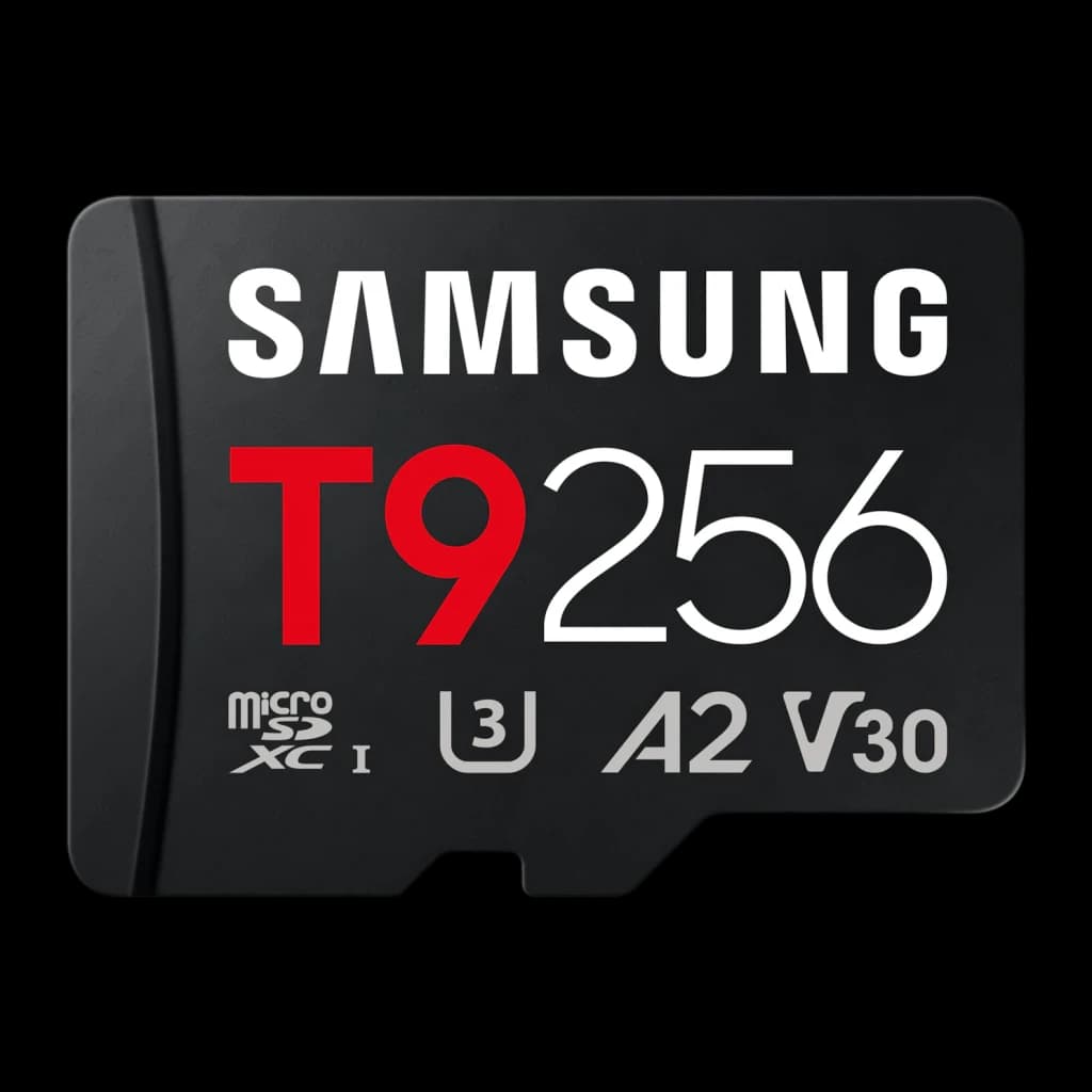 Tarjeta MicroSD Samsung T9 V30 U3 A2 256GB UHS-I Negro, vista frontal: cara negra con logo Samsung, T9 en rojo, 256