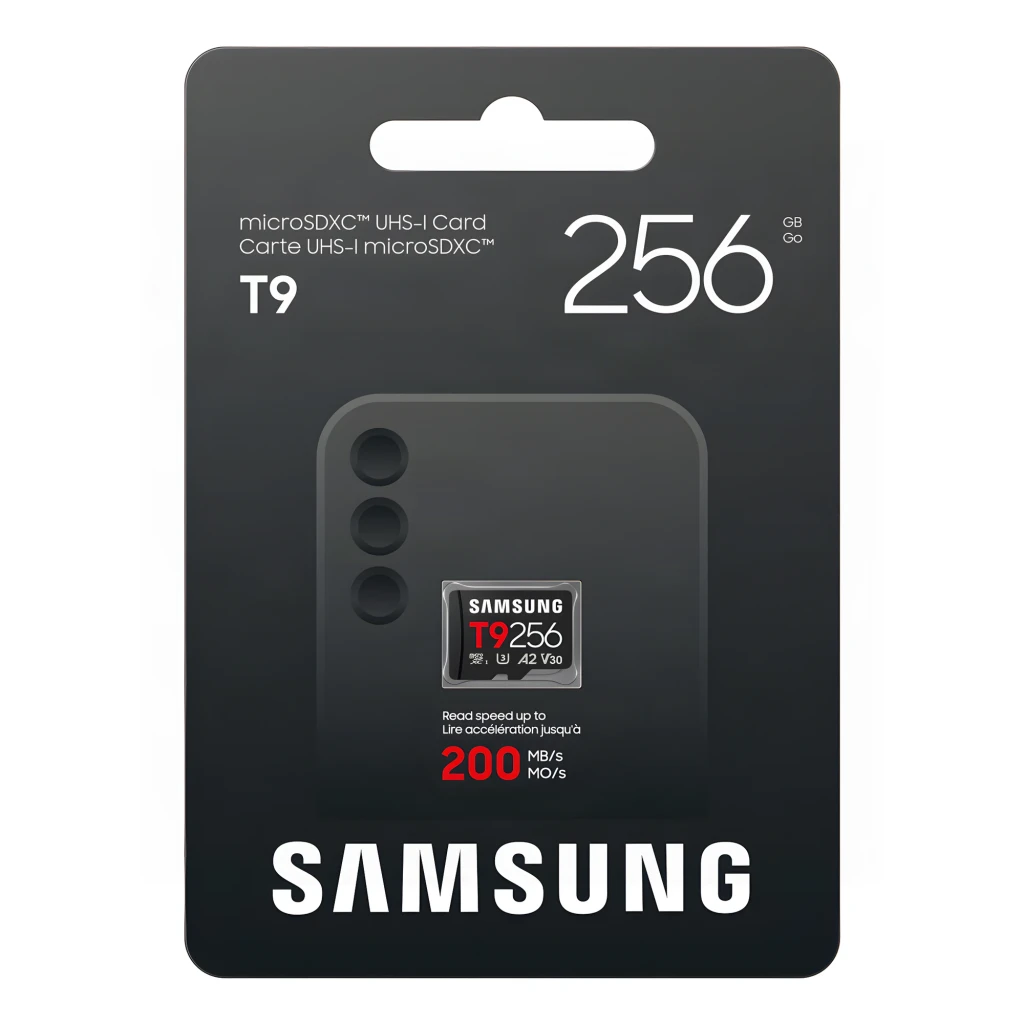 Tarjeta MicroSD Samsung T9 V30 U3 A2 256GB UHS-I Negro, contenido de la caja: blíster negro con tarjeta visible y 200 MB/s