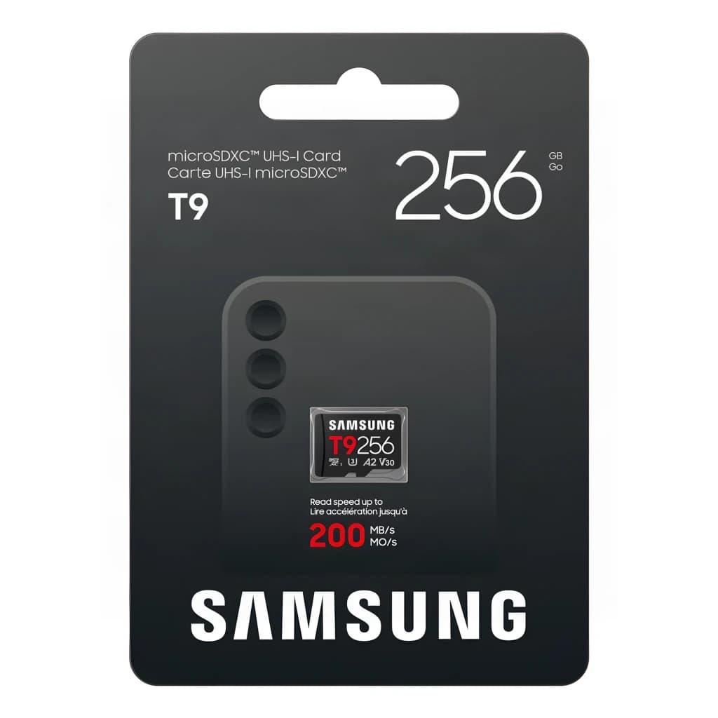 Tarjeta MicroSD Samsung T9 V30 U3 A2 256GB UHS-I Negro, contenido de la caja: blíster negro con tarjeta visible y 200 MB/s