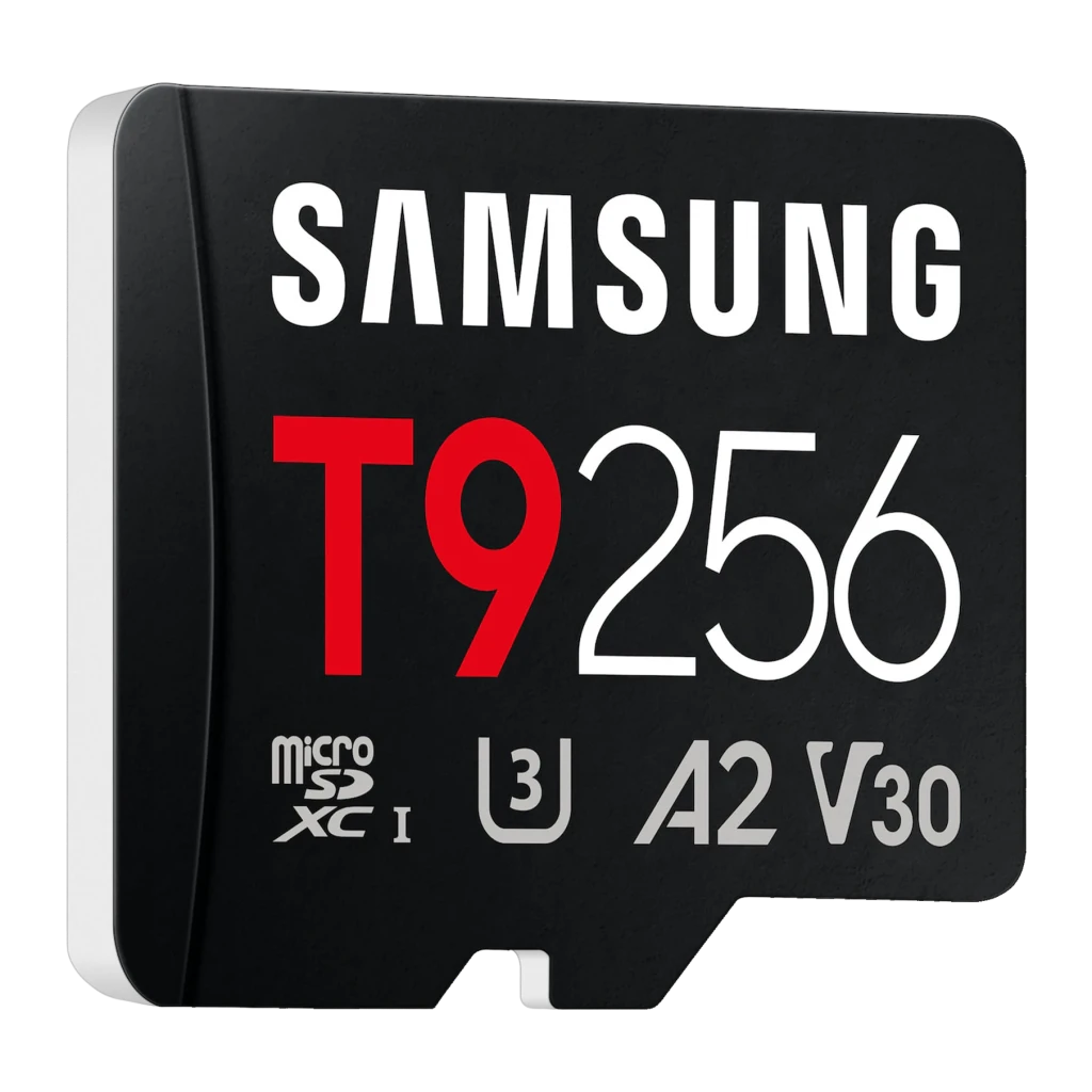 Tarjeta MicroSD Samsung T9 V30 U3 A2 256GB UHS-I Negro, detalle: logotipos T9, 256, U3, A2 y V30 en cara frontal negra