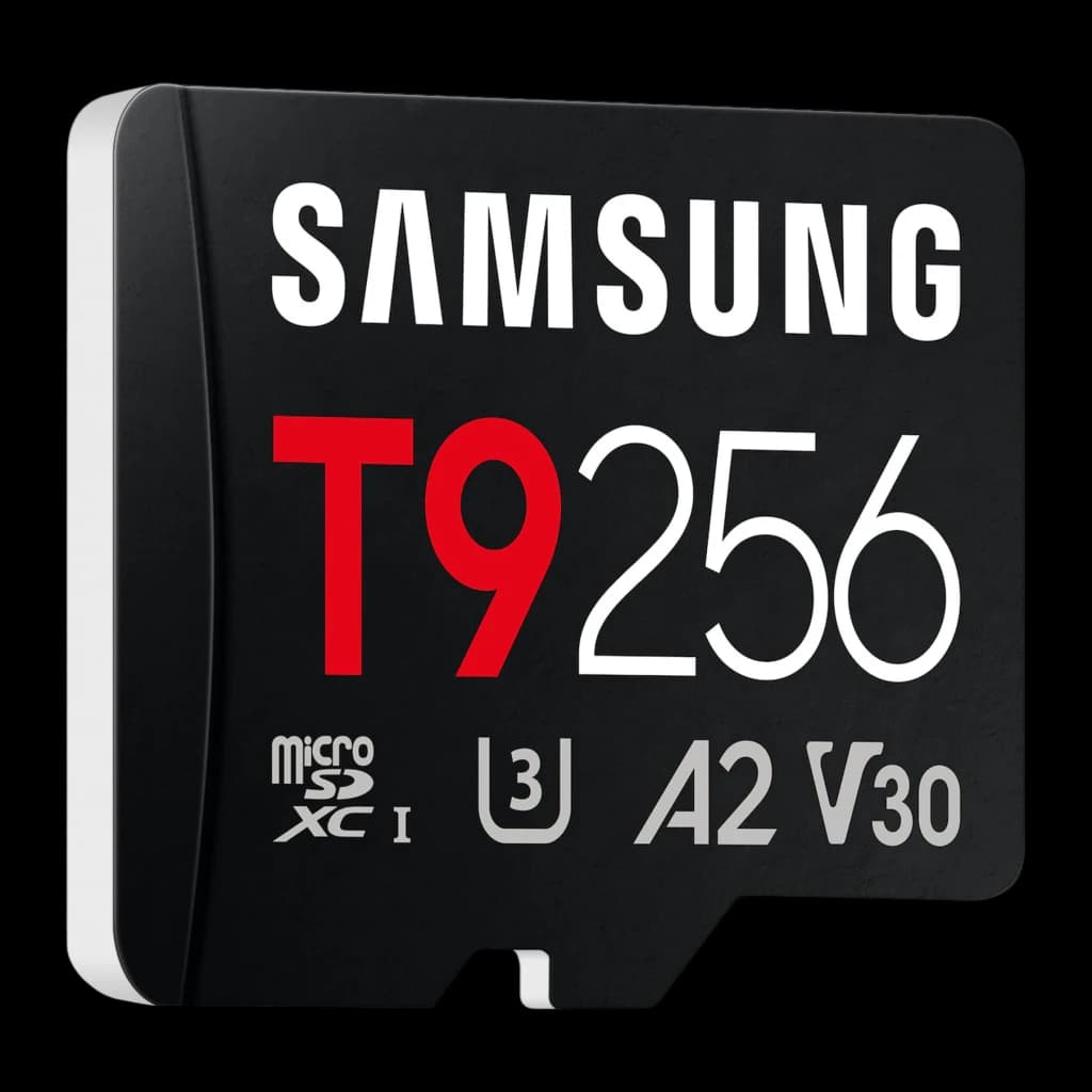 Tarjeta MicroSD Samsung T9 V30 U3 A2 256GB UHS-I Negro, detalle: logotipos T9, 256, U3, A2 y V30 en cara frontal negra