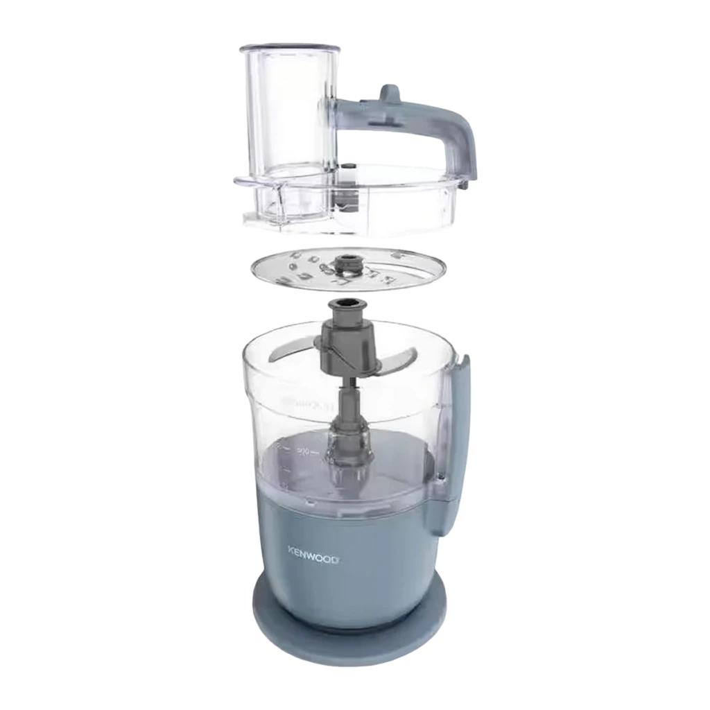 Robot de cozinha Kenwood MultiPro Go 1,3L 650W Azul FDP22.130GY, detalhe: vista explodida com taça, lâmina, disco e tampa