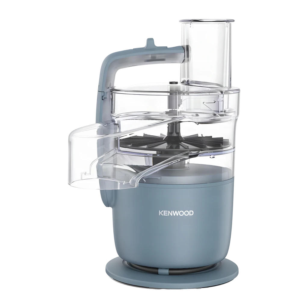 Robot de cozinha Kenwood MultiPro Go 1,3L 650W Azul FDP22.130GY, detalhe: tampa aberta com disco de corte e tubo