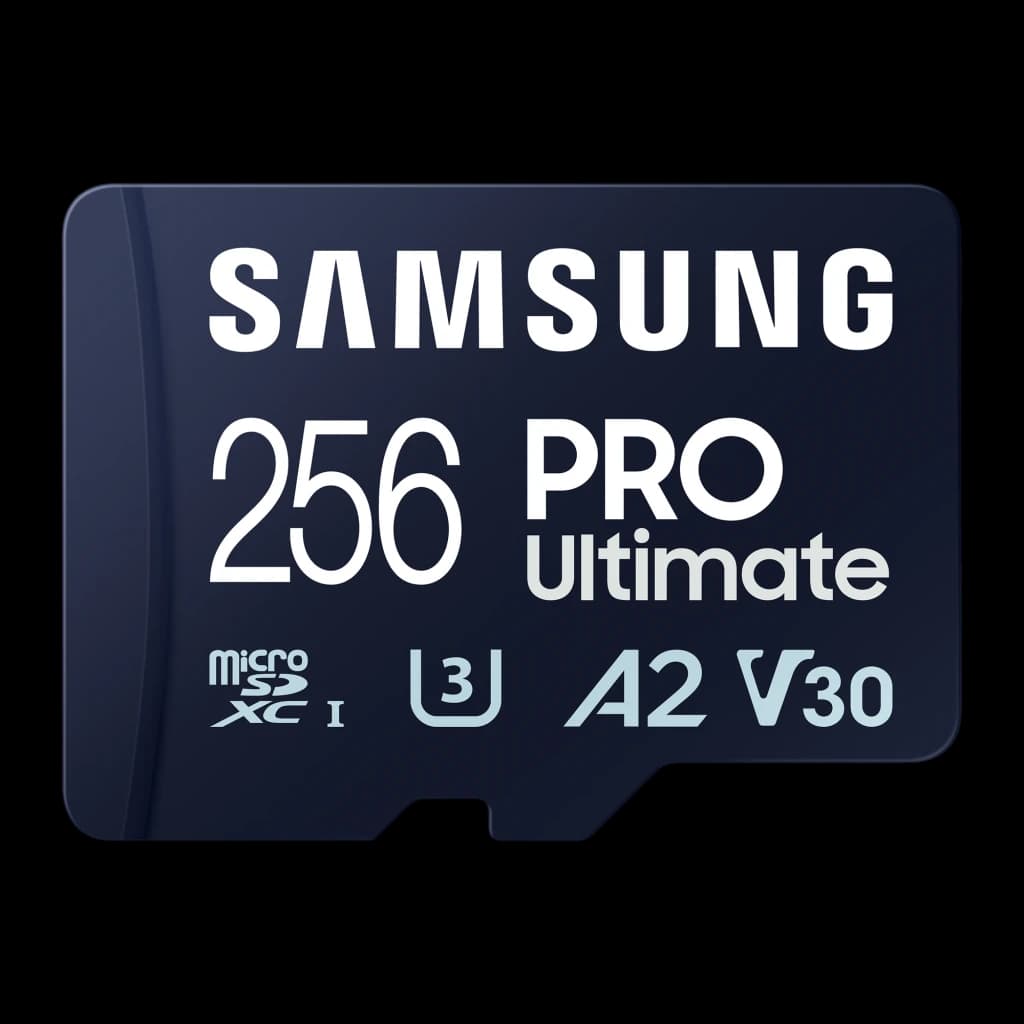 Tarjeta microSDXC Samsung Pro Ultimate V30 U3 A2 256GB UHS-I Azul, vista frontal: cara con logo Samsung, capacidad 256