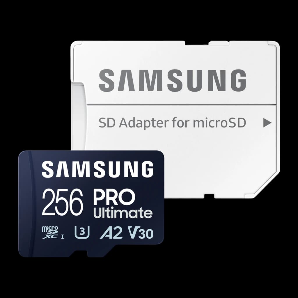 Tarjeta microSDXC Samsung Pro Ultimate V30 U3 A2 256GB UHS-I Azul, detalle: tarjeta azul con adaptador SD blanco incluido