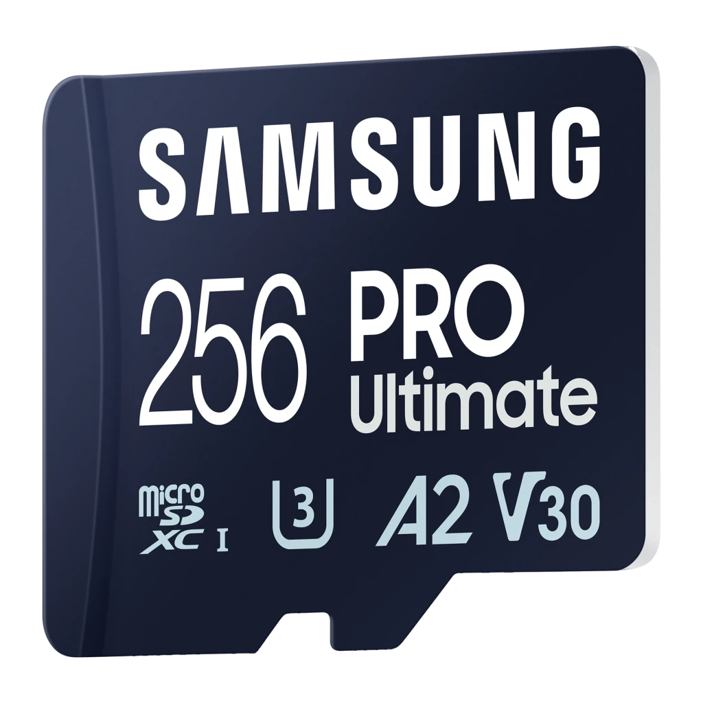 Tarjeta microSDXC Samsung Pro Ultimate V30 U3 A2 256GB UHS-I Azul, detalle: cara frontal en ángulo con logos Samsung, 256