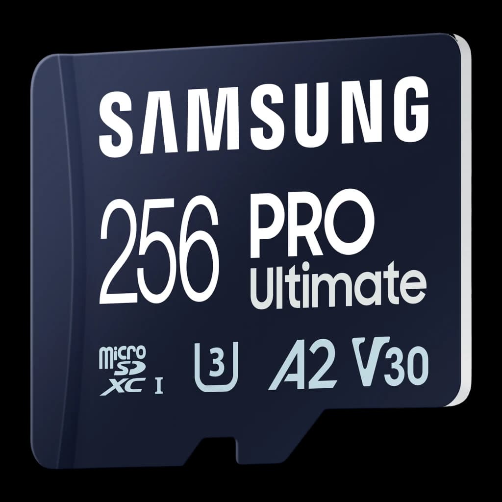 Tarjeta microSDXC Samsung Pro Ultimate V30 U3 A2 256GB UHS-I Azul, detalle: cara frontal en ángulo con logos Samsung, 256