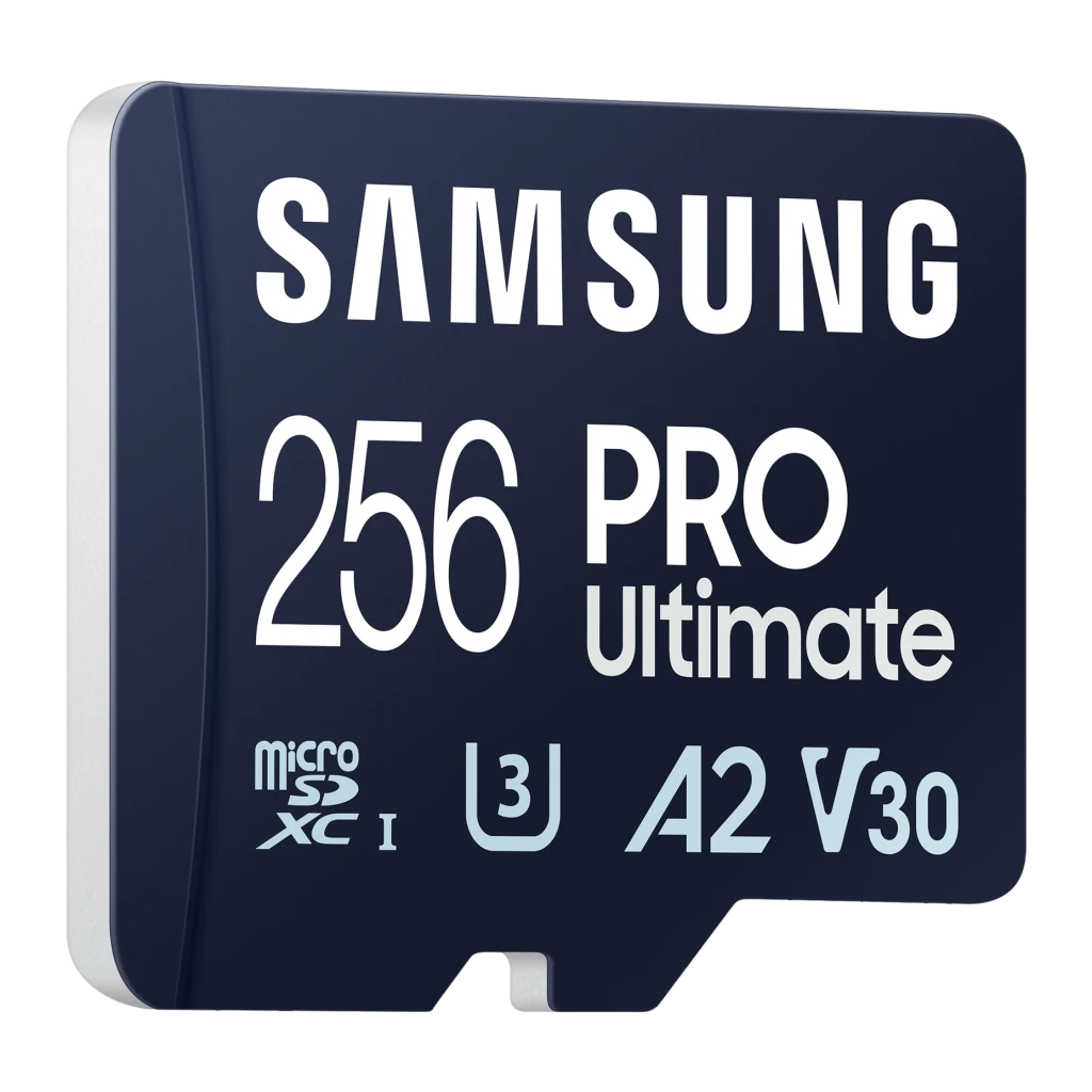 Tarjeta microSDXC Samsung Pro Ultimate V30 U3 A2 256GB UHS-I Azul, detalle: vista en perspectiva con logos 256, PRO