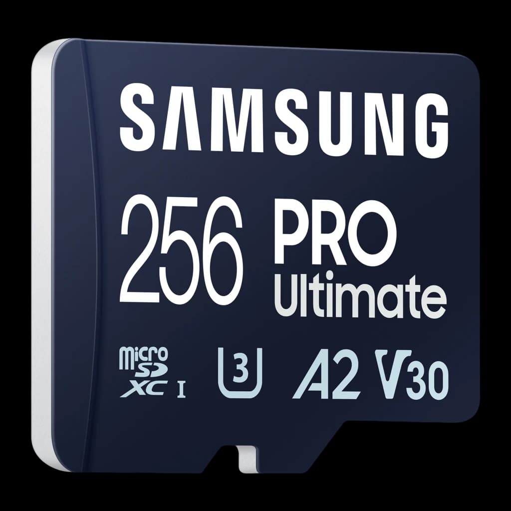 Tarjeta microSDXC Samsung Pro Ultimate V30 U3 A2 256GB UHS-I Azul, detalle: vista en perspectiva con logos 256, PRO