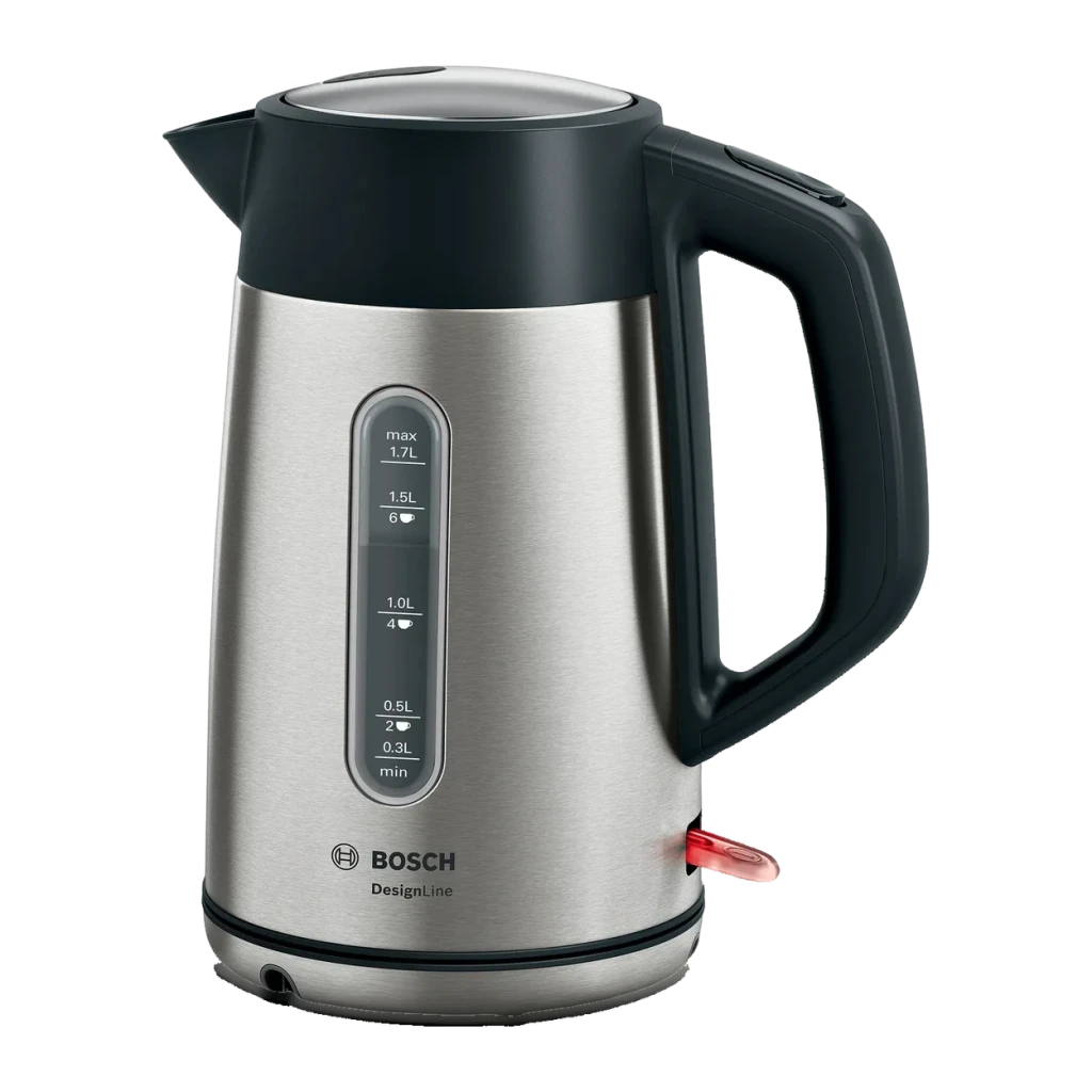 Bouilloire électrique Bosch 1,7L 2400W Noir TWK4P440, vue de face: corps inox brossé, fenêtre de niveau graduée jusqu'à 1,7L