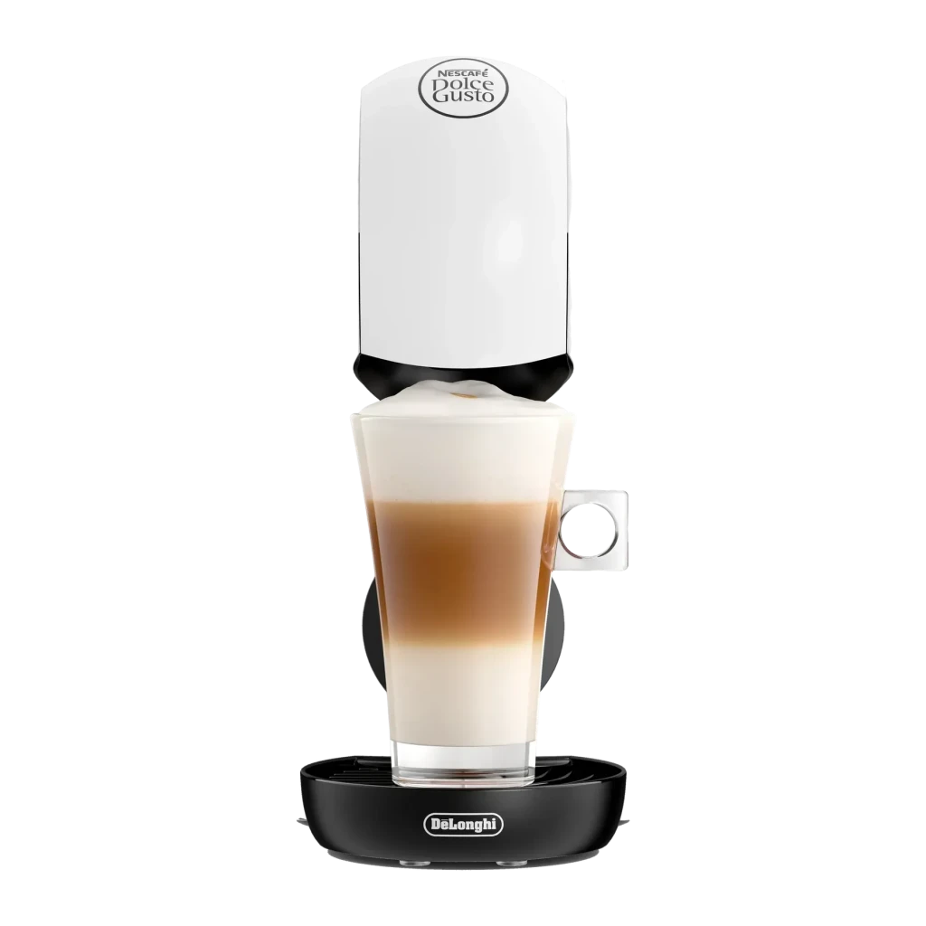 Cafetera de cápsulas De'Longhi Piccolo XS 0,8L Dolce Gusto 15bar Blanco EDG110, detalle: vaso latte macchiato en capas bajo
