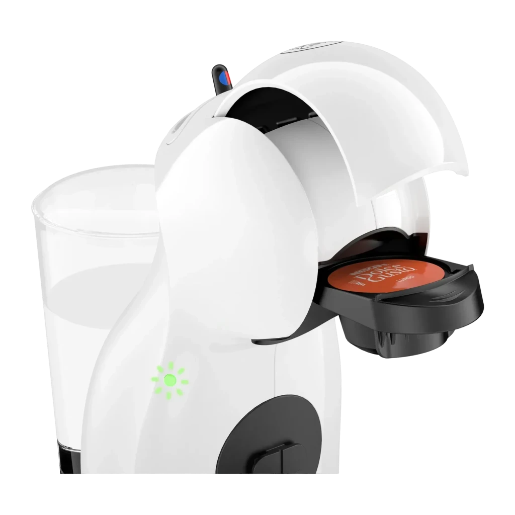 Cafetera de cápsulas De'Longhi Piccolo XS 0,8L Dolce Gusto 15bar Blanco EDG110, detalle: tapa abierta con cápsula naranja