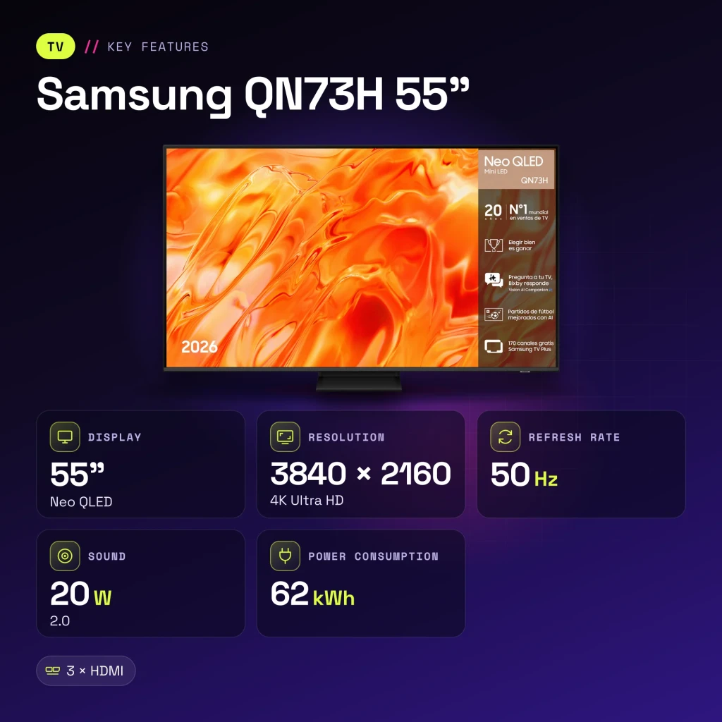 TV Samsung QN73H 55 pouces Neo QLED 4K Tizen Noir - caractéristiques