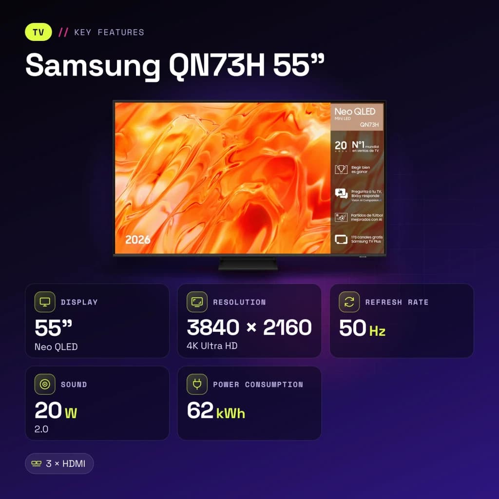 TV Samsung QN73H 55 pouces Neo QLED 4K Tizen Noir - caractéristiques