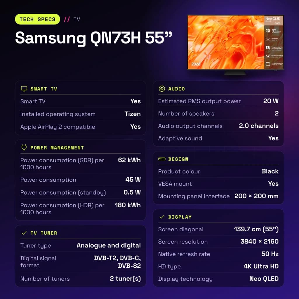 TV Samsung QN73H 55 pouces Neo QLED 4K Tizen Noir - caractéristiques