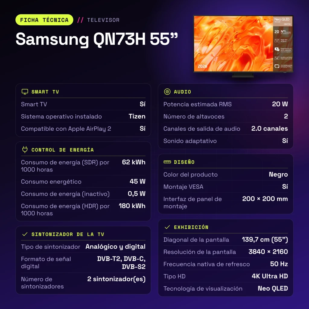TV Samsung QN73H 55 pouces Neo QLED 4K Tizen Noir - caractéristiques