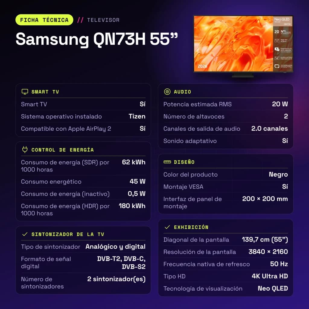 TV Samsung QN73H 55 pouces Neo QLED 4K Tizen Noir - caractéristiques