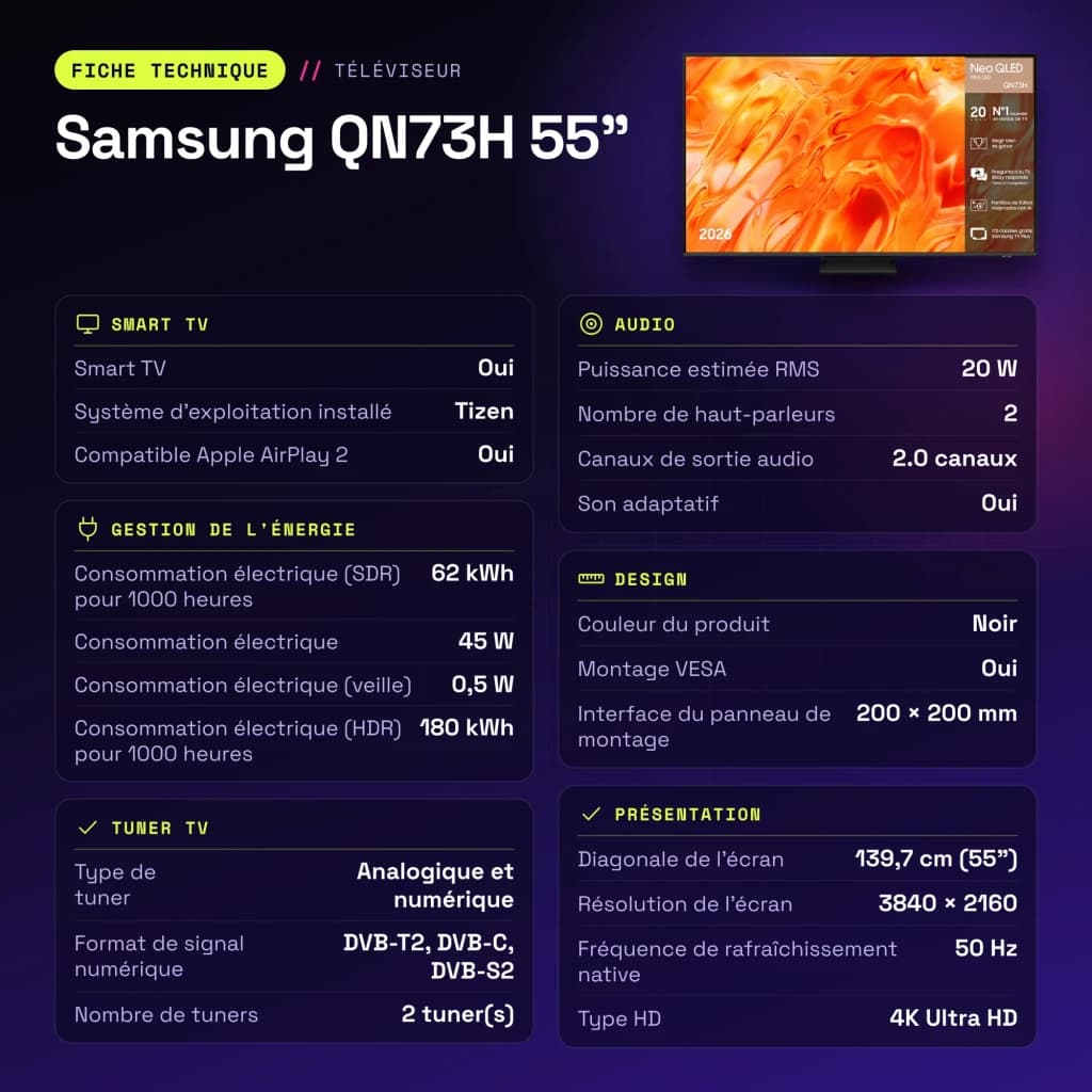 TV Samsung QN73H 55 pouces Neo QLED 4K Tizen Noir - caractéristiques
