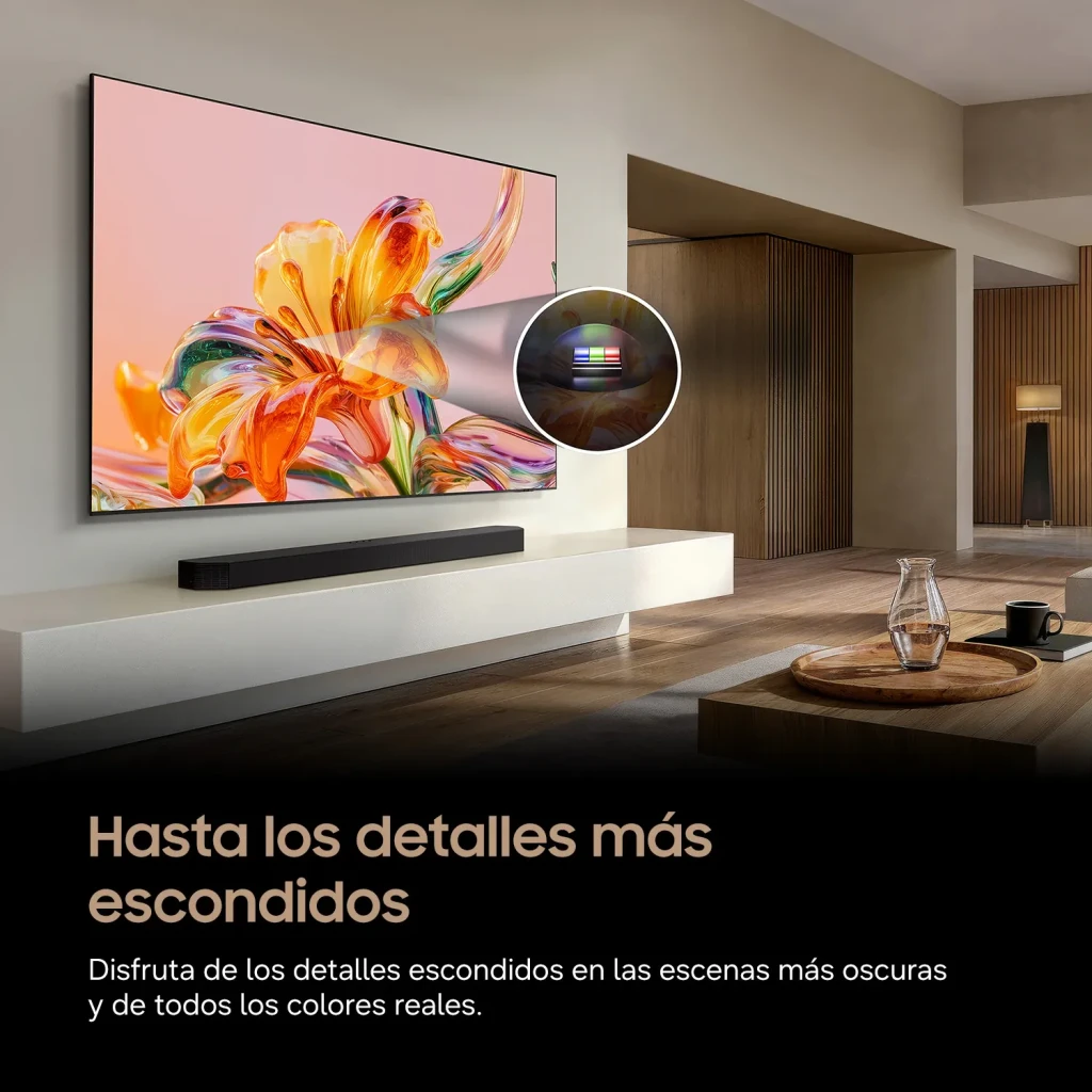 TV Samsung QN73H 55 pouces Neo QLED 4K Tizen Noir, en salon: fixée au mur avec zoom sur le panneau Mini LED