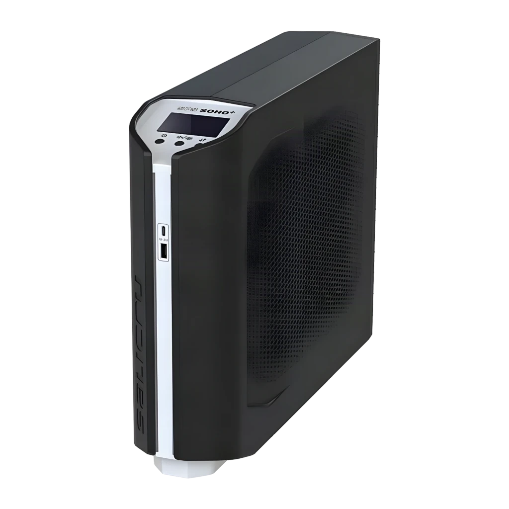 SAI Salicru SPS 1250 SOHO+ Línea Interactiva 1250VA 720W Negro, vista frontal: carcasa negra con rejilla lateral, pantalla