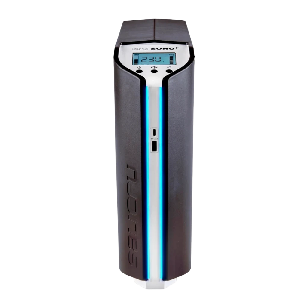 SAI Salicru SPS 1250 SOHO+ Línea Interactiva 1250VA 720W Negro, detalle frontal: pantalla LCD con 230V, franja LED azul