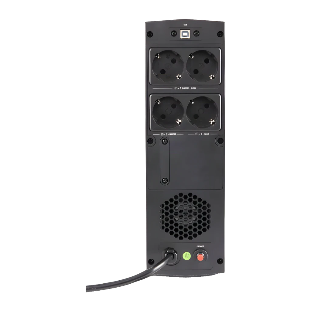 SAI Salicru SPS 1250 SOHO+ Línea Interactiva 1250VA 720W Negro, vista trasera: 4 tomas Schuko, puerto USB-B, ventilador