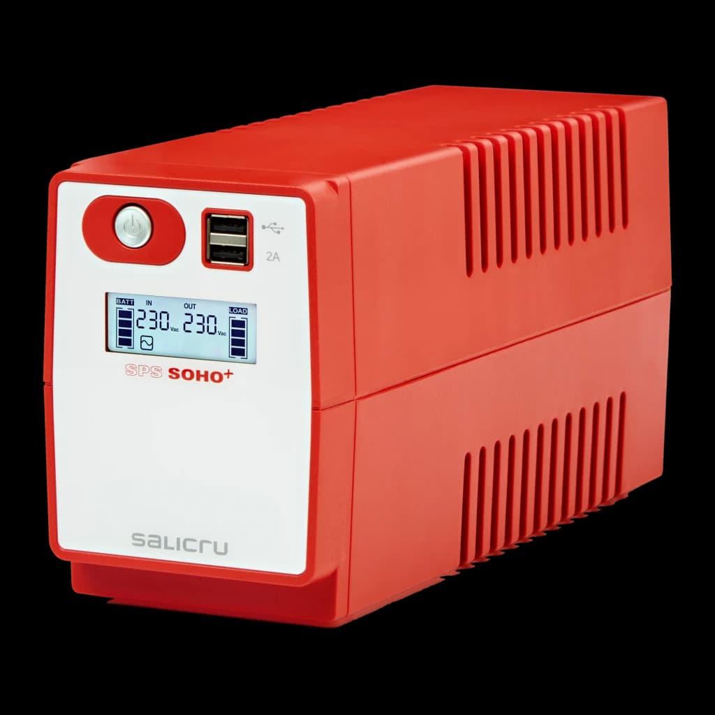 UPS Salicru SPS 650 SOHO+ Linha Interativa 650VA 360W, vista frontal: carcaça vermelha e branca, ecrã LCD 230V, botão