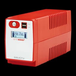 UPS Salicru SPS 650 SOHO+ Linha Interativa 650VA 360W, vista frontal: carcaça vermelha e branca, ecrã LCD 230V, botão
