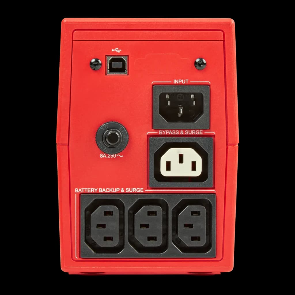 UPS Salicru SPS 650 SOHO+ Linha Interativa 650VA 360W, vista traseira: porta USB-B, entrada IEC, bypass e 3 tomadas