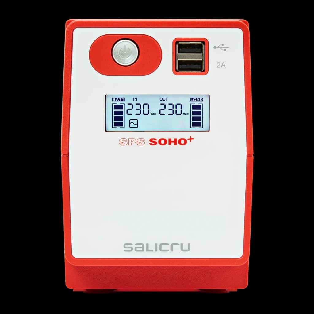 UPS Salicru SPS 650 SOHO+ Linha Interativa 650VA 360W, detalhe frontal: ecrã LCD 230Vac, botão de energia e portas USB 2A