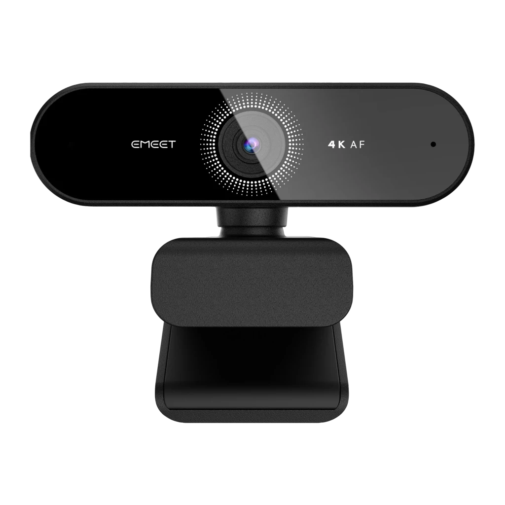 Webcam EMEET SmartCam Nova 4K Ultra HD Noir, vue de face: objectif central avec anneau de points, logo EMEET et texte 4K AF