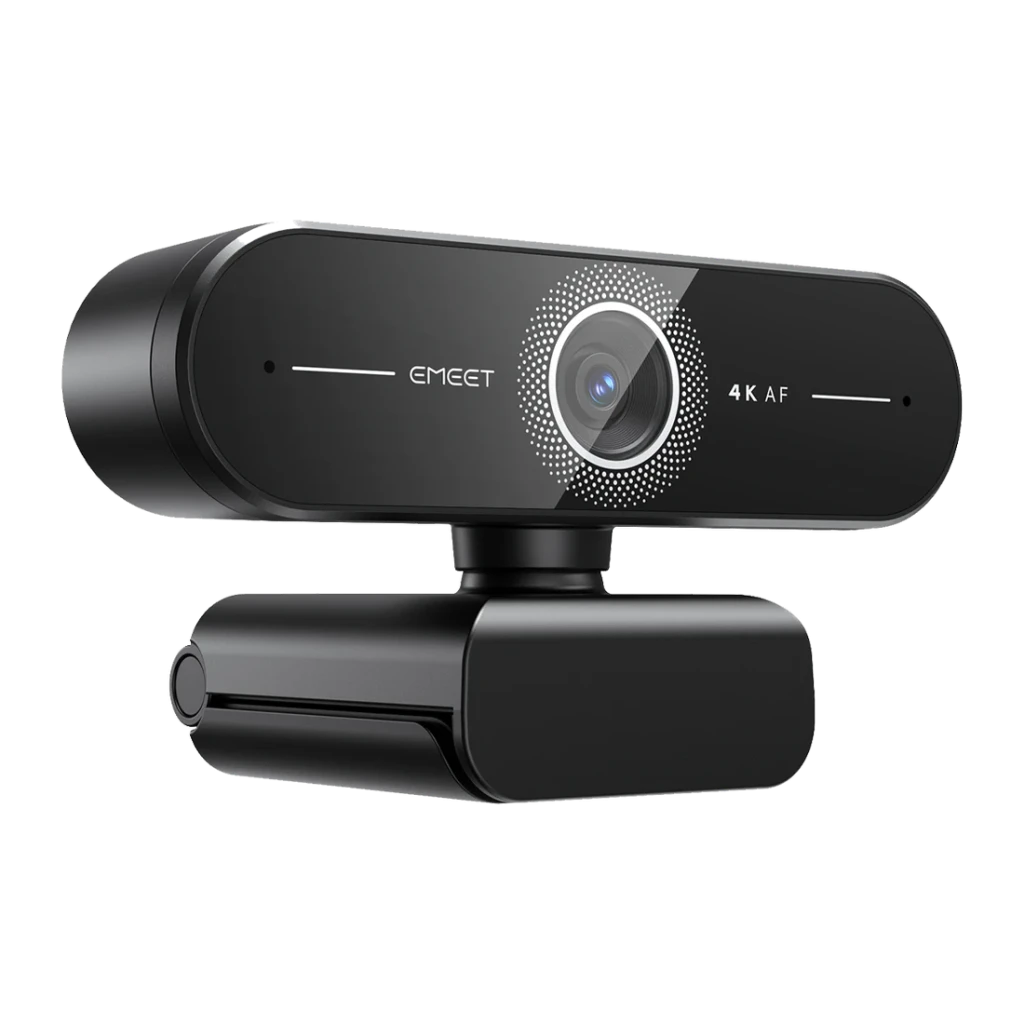 Webcam EMEET SmartCam Nova 4K Ultra HD Noir, détail: objectif central avec anneau perforé, logo EMEET et étiquette 4K AF