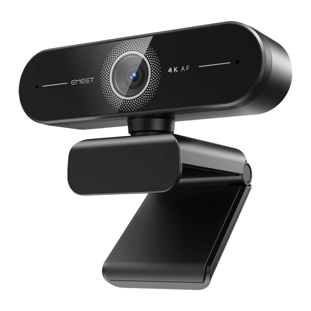 Webcam EMEET SmartCam Nova 4K Ultra HD Noir, détail: objectif central avec anneau métallique, inscription 4K AF et clip