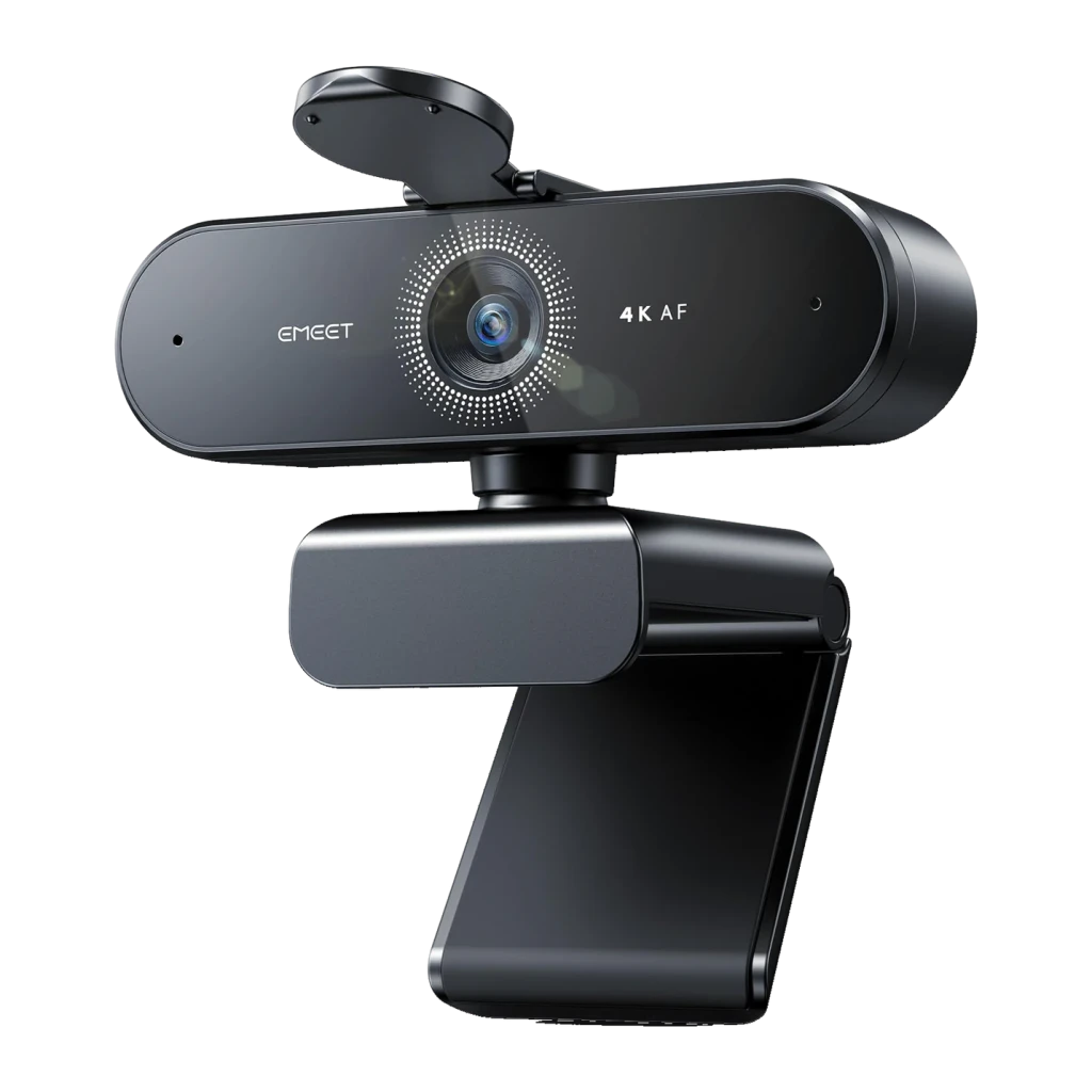 Webcam EMEET SmartCam Nova 4K Ultra HD Noir, détail: objectif avec anneau LED, inscription 4K AF et cache-confidentialité